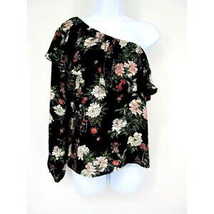 Aqua One Shoulder Long Floral Sleeve Ruffled Top Blouse Black Sz XS New